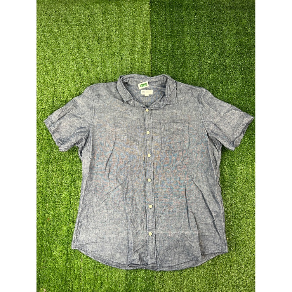 Gap Mens Blue Linen Cotton Blend Short Sleeve Button Down Shirt Large Standard